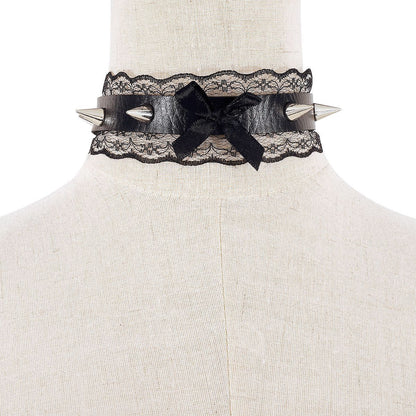PU leather lace hem bowknot rivet decor chocker
