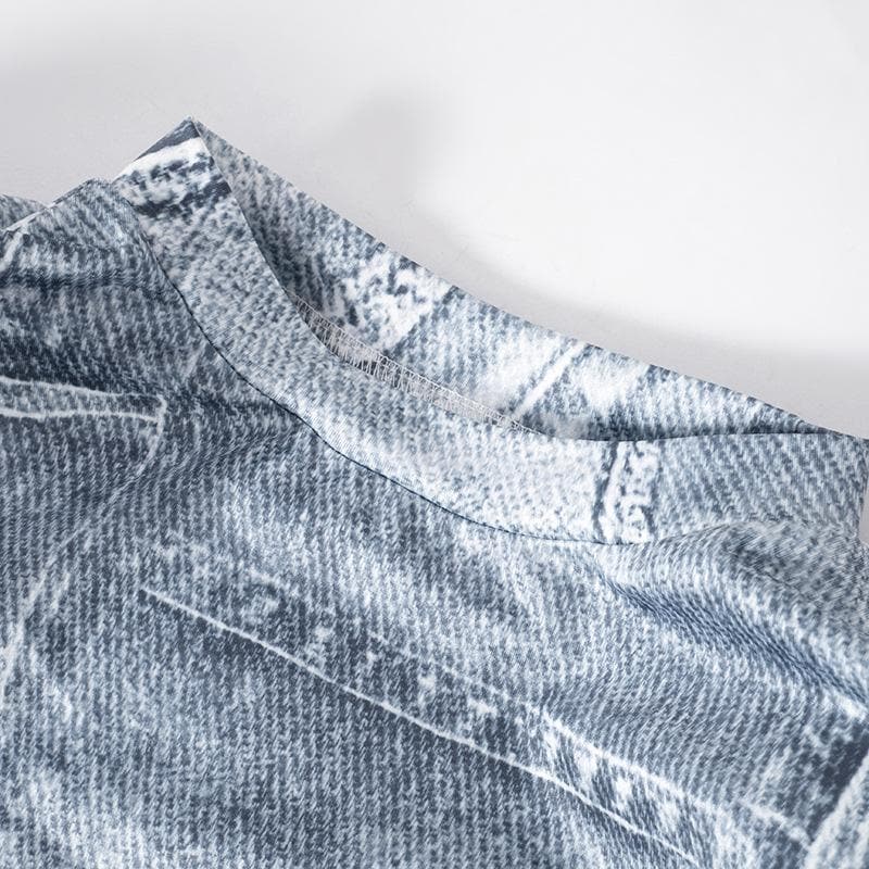 Cap sleeve crewneck denim print maxi dress