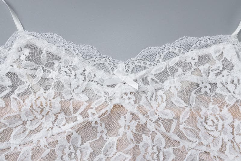 V neck see through lace bowknot cami mini dress