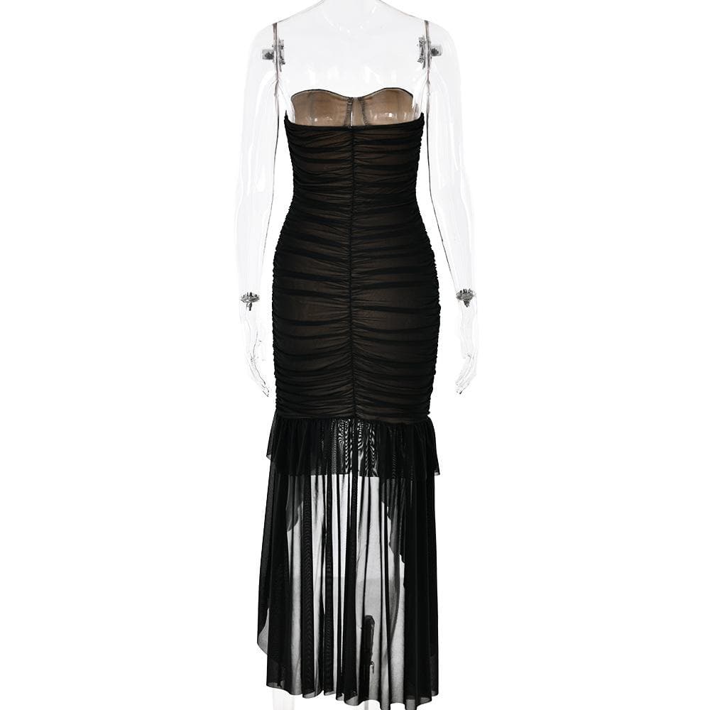 Sweetheart neck ruched ruffle tube midi dress