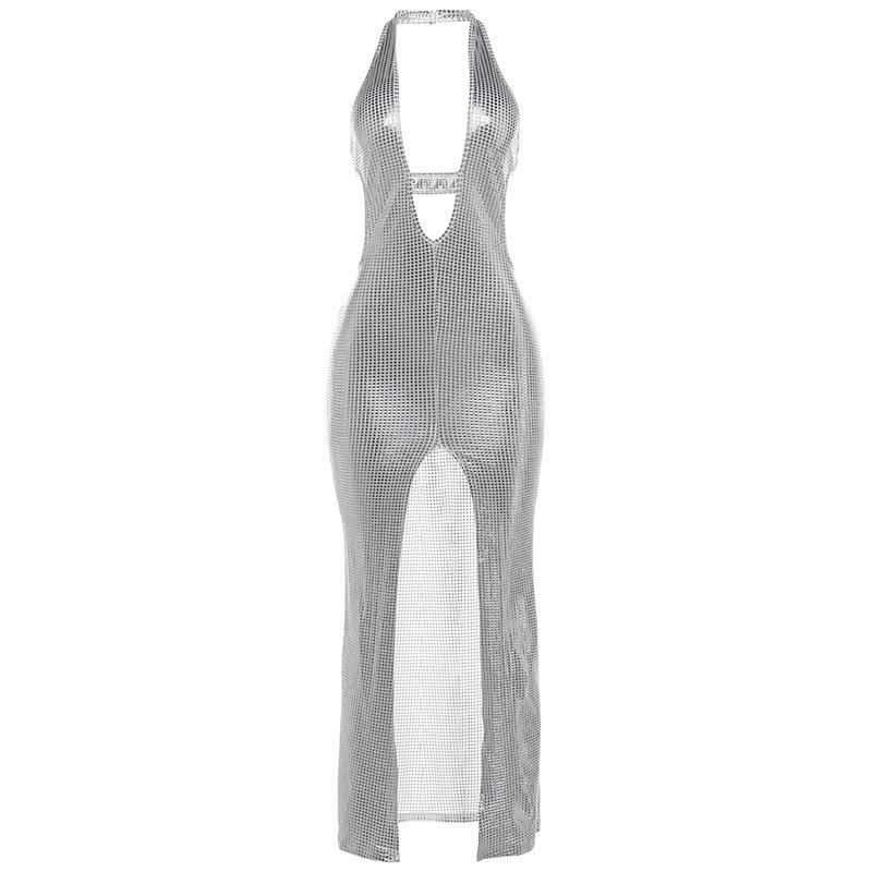 Halter deep V neck slit plaid hollow out cut out maxi dress