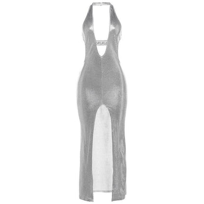 Halter deep V neck slit plaid hollow out cut out maxi dress