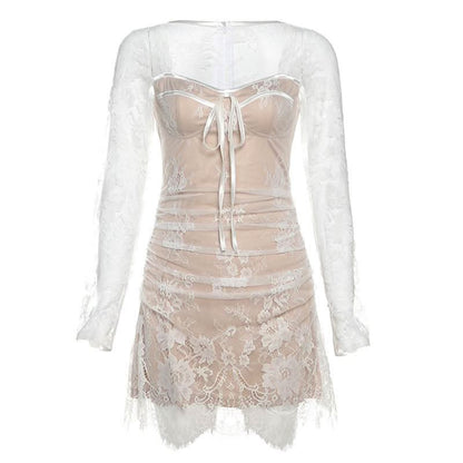 Long sleeve lace zip-up ruched mini dress