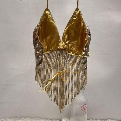 V neck halter self tie tassels glitter top