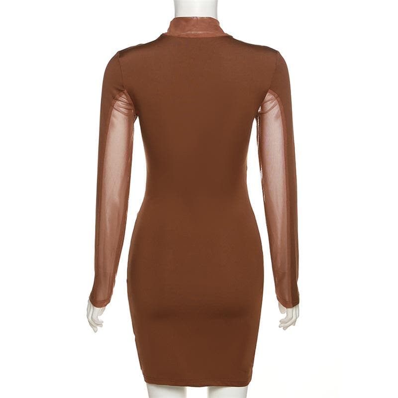 Mesh Panel Abstract Wave Print Mock Neck Long Sleeve Bodycon Mini Dress