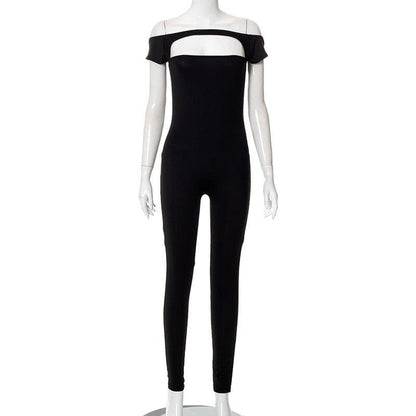 Short sleeve hollow out solid off shoulder backless jumpsuit