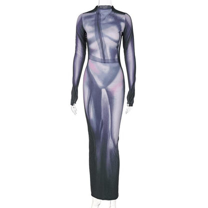 Mock Neck Long Sleeve Thumbhole Bikini Silhouette Body Print Bodycon Maxi Dress