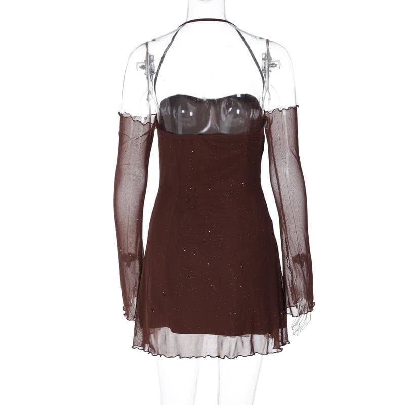 Long sleeve halter mesh glitter off shoulder mini dress