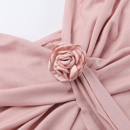 Rose applique ruched ruffle cami midi dress
