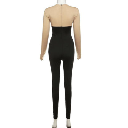 Long sleeve crewneck lace up zip-up stitch jumpsuit