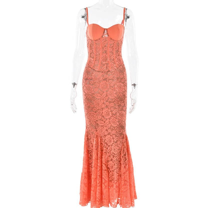 Sweetheart neck lace bustier cami maxi dress