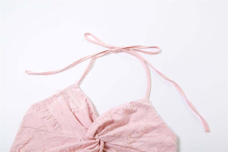 Halter self tie v neck textured knotted slit crop top