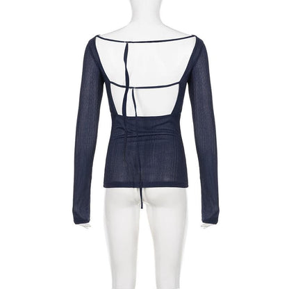 Self tie backless round neck long sleeve textured top