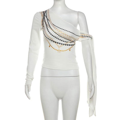 One shoulder long sleeve metal chain print top