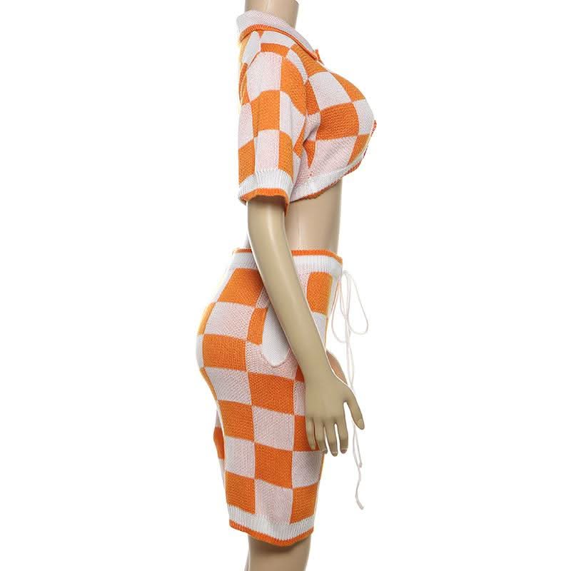 Turnover collar button drawstring plaid knitted pant set