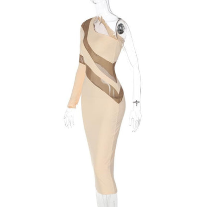 One Shoulder Long Sleeve Mesh Panel Bodycon Midi Dress