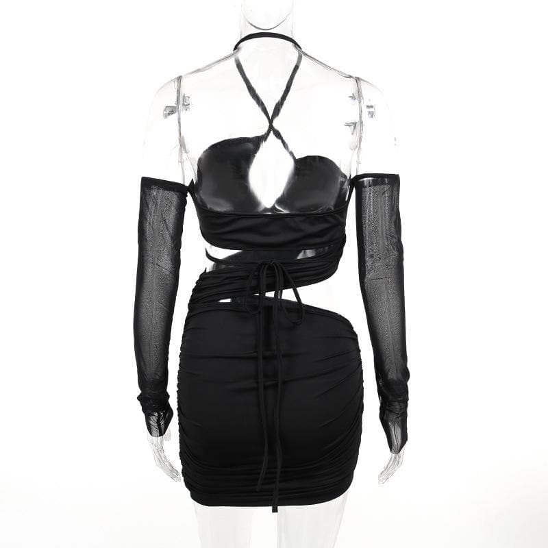 Ruched cross front hollow out halter off shoulder long sleeve backless cut out mini dress