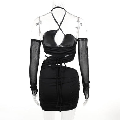 Ruched cross front hollow out halter off shoulder long sleeve backless cut out mini dress