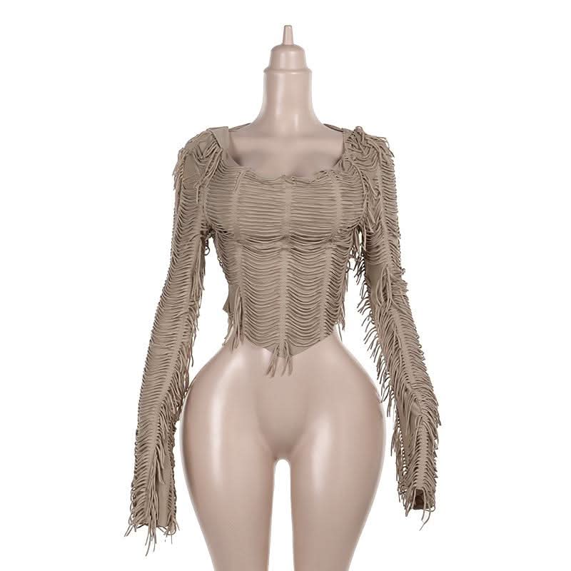 Long sleeve tassels hoodie irregular solid top
