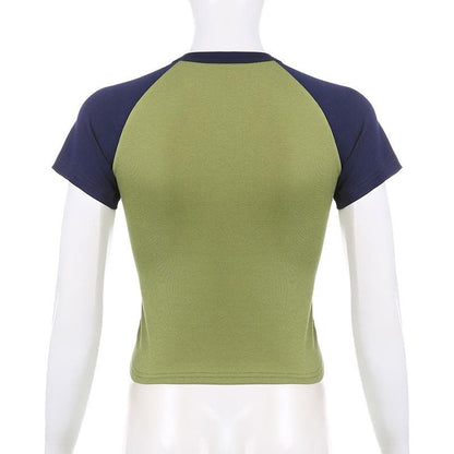 Patchwork contrast short sleeve crewneck "moody" pattern crop top