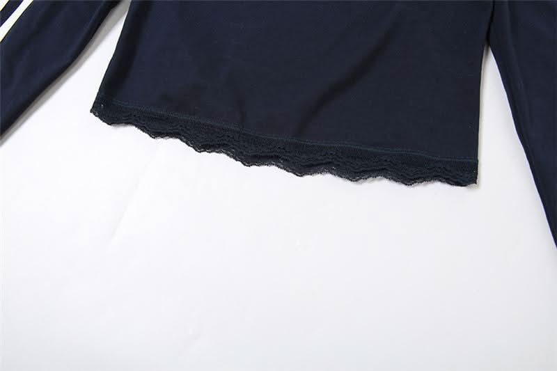 Off shoulder long sleeve lace hem embroidery top