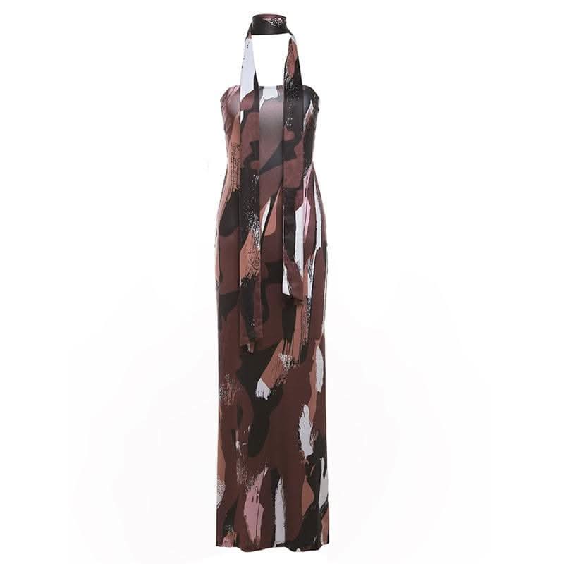 Print ruched backless hollow out tube cut out maxi dress-final-sale
