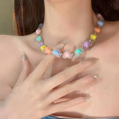 Multicolor heart beaded choker necklace