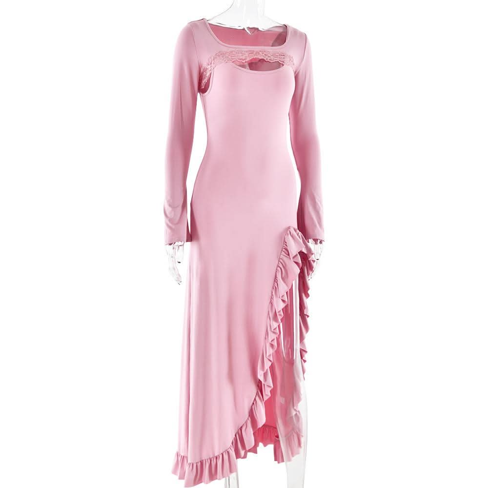 Long sleeve ruffle slit lace hem shrug 2 piece maxi dress