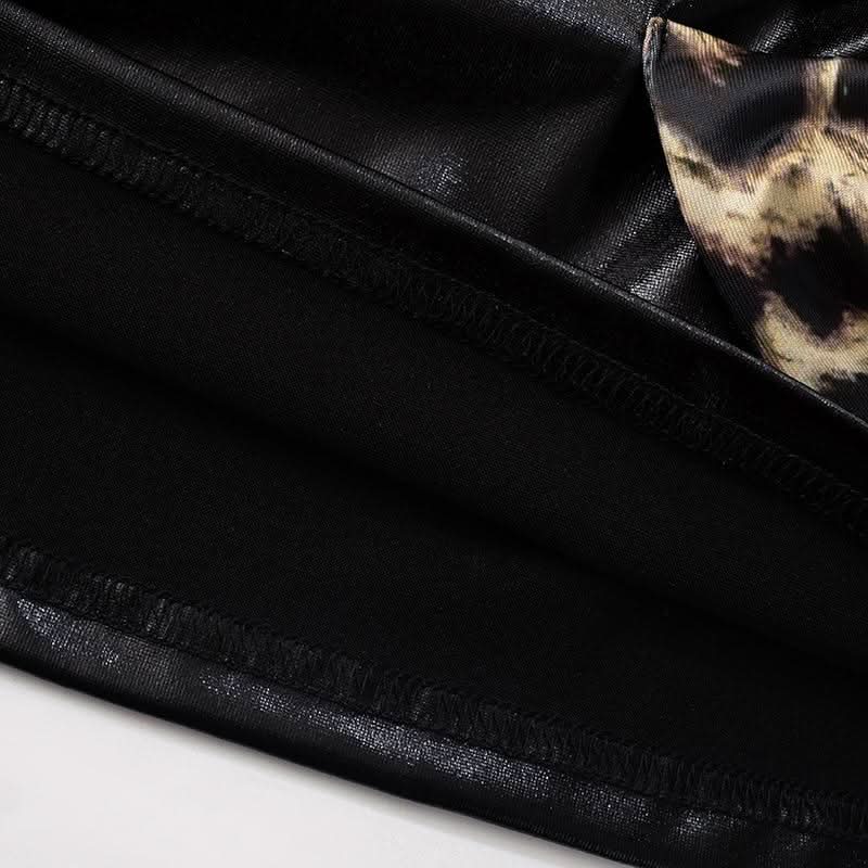 Leopard print bowknot PU leather contrast mini skirt