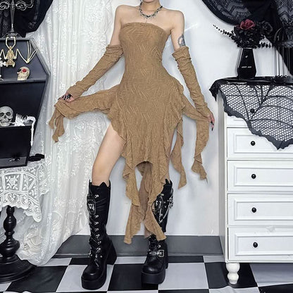 Gloves ruffle backless tube midi dress