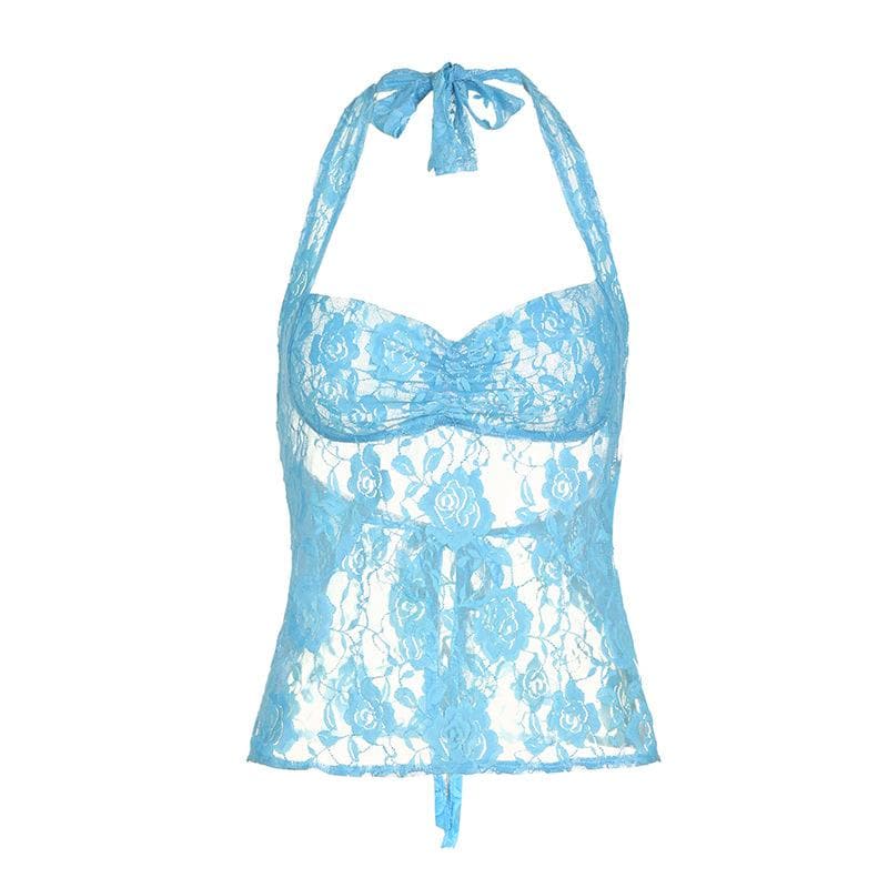 Halter lace see through ruched top
