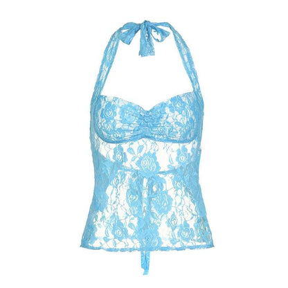 Halter lace see through ruched top