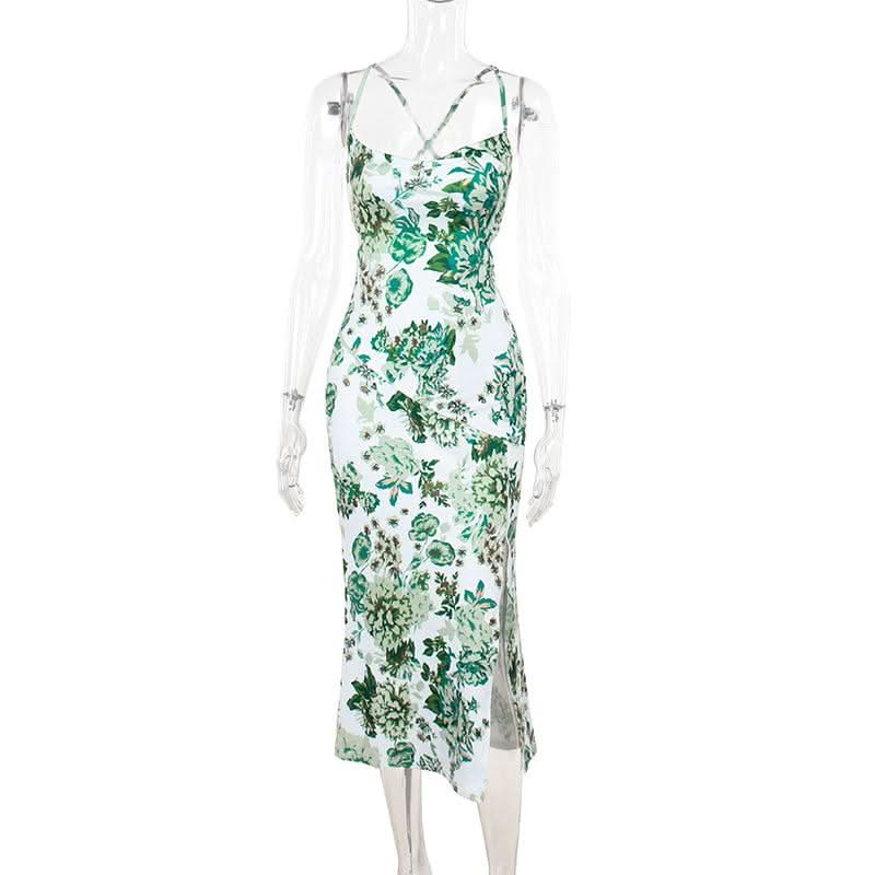 Cross back self tie u neck slit flower print midi dress