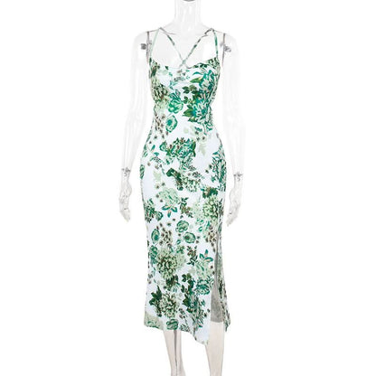 Cross back self tie u neck slit flower print midi dress