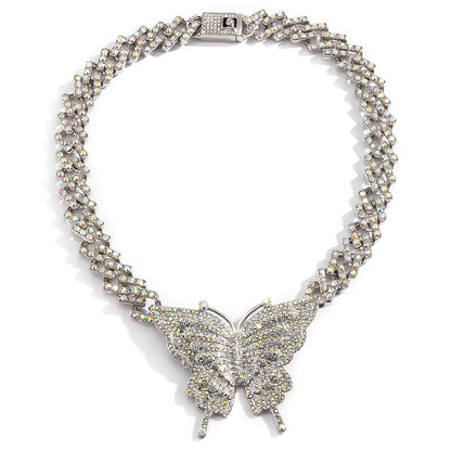 Butterfly pendant rhinestone cuban necklace