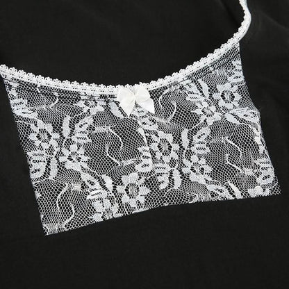 Long sleeve lace hem bowknot round neck top