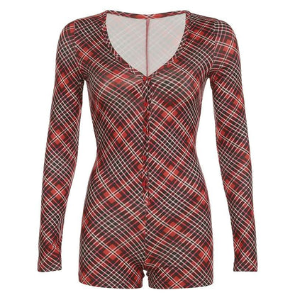 V neck long sleeve plaid button romper