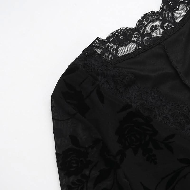 V neck long sleeve flower pattern mesh mini dress