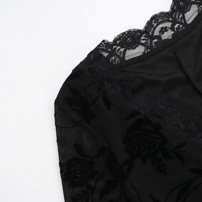 V neck long sleeve flower pattern mesh mini dress