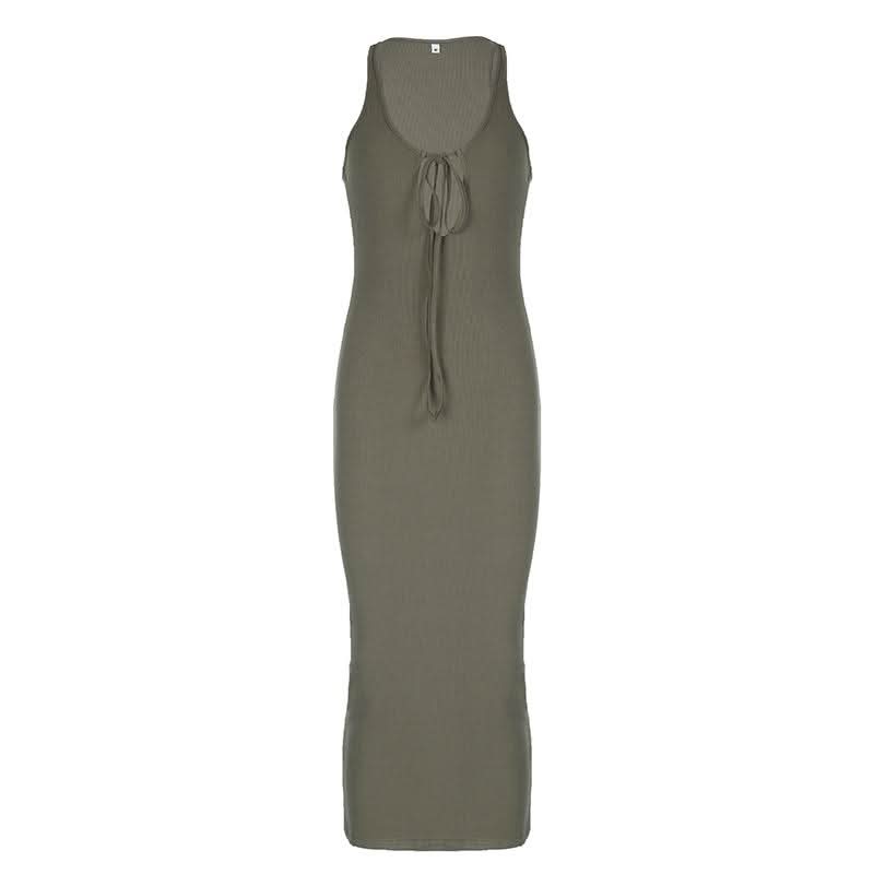 U neck self tie hollow out solid cut out maxi dress