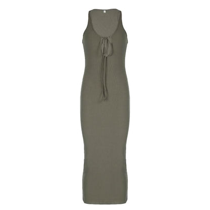 U neck self tie hollow out solid cut out maxi dress