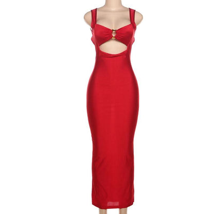 Hollow out o ring v neck backless cut out maxi dress