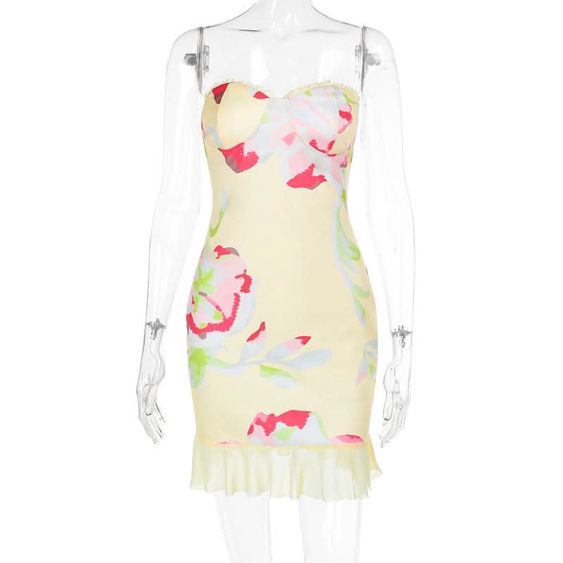 Mesh flower print sweetheart neck tube mini dress
