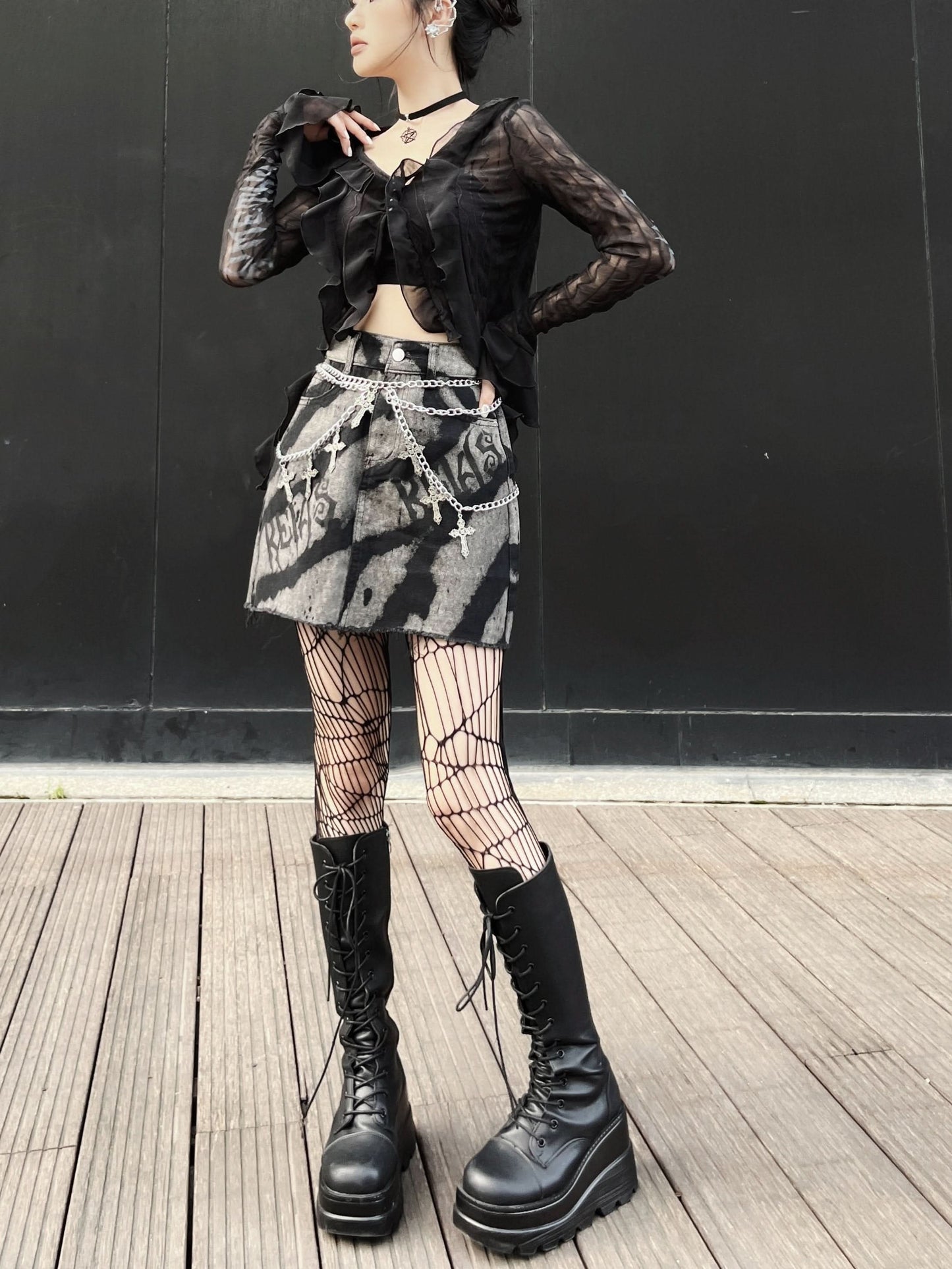 Denim letter print metal chain mini skirt