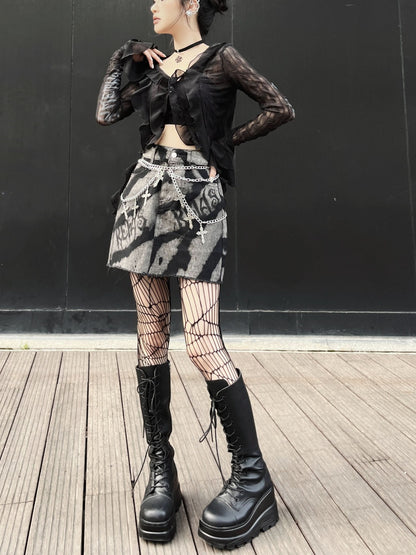 Denim letter print metal chain mini skirt