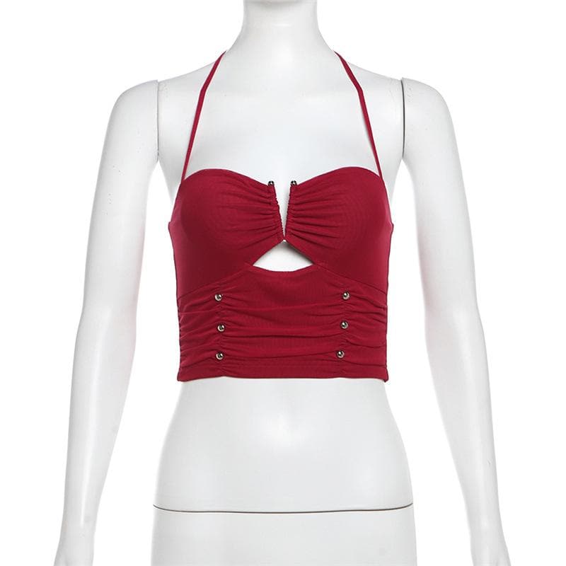 Halter ruched hollow out beaded cut out top