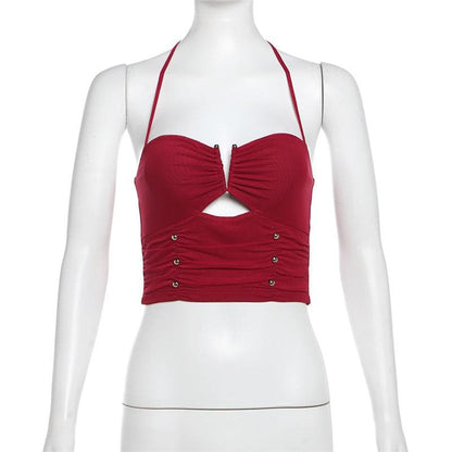 Halter ruched hollow out beaded cut out top