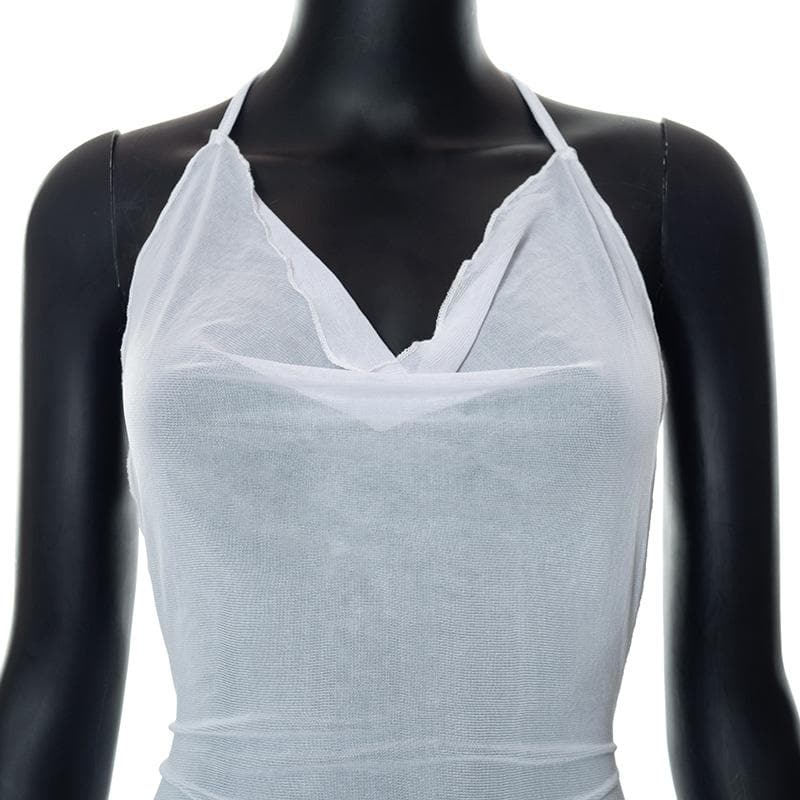 Halter cowl neck sheer mesh ruffle mini dress