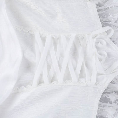 Off shoulder lace hem lace up corset cami top
