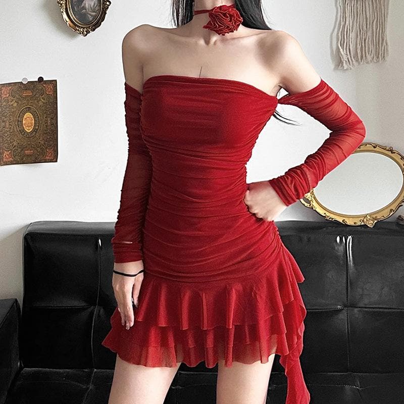 Long sleeve sheer mesh flower applique mini dress